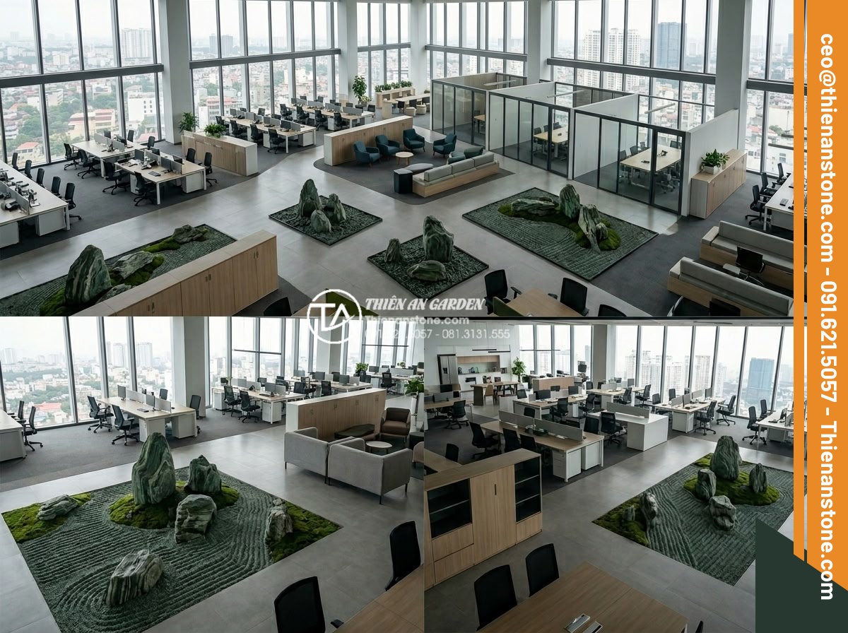 Ứng dụng tiểu cảnh thiền trong văn phòng làm việc để giảm stress - Panoramic view of modern office floor plan highlighting optimal zen garden place