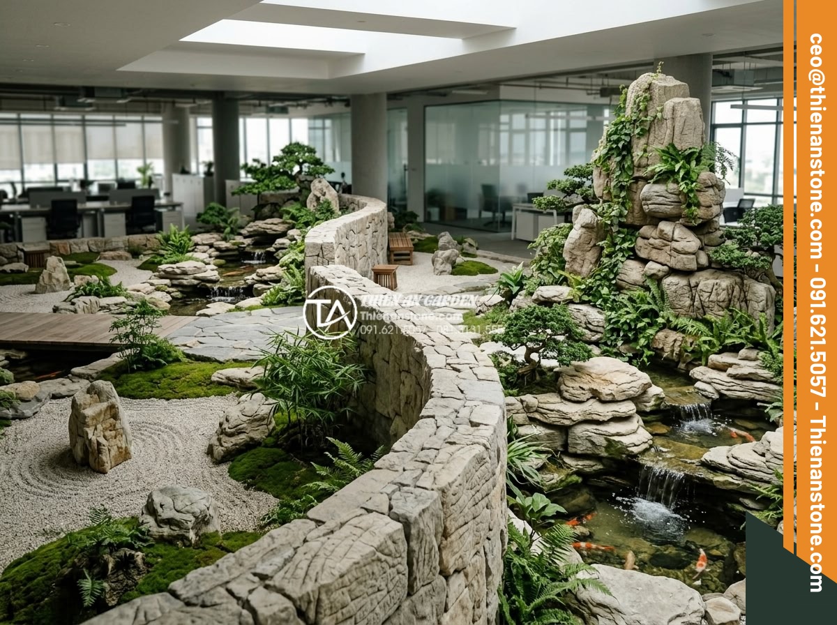 Ứng dụng tiểu cảnh thiền trong văn phòng làm việc để giảm stress - Integrated office landscape design combining multiple zen gardens with natural s