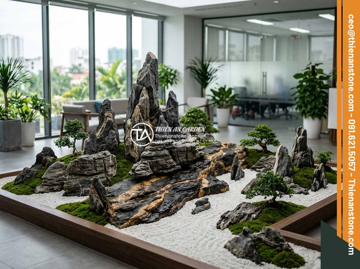 Ứng dụng tiểu cảnh thiền trong văn phòng làm việc để giảm stress - Real project photos of completed zen gardens in various Vietnamese corporate off