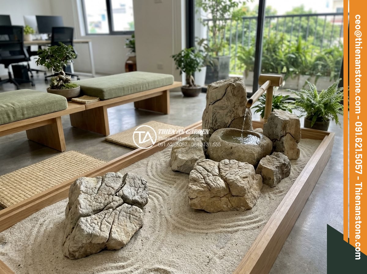 Ứng dụng tiểu cảnh thiền trong văn phòng làm việc để giảm stress - Serene office relaxation area with zen garden using polished natural stones, sma