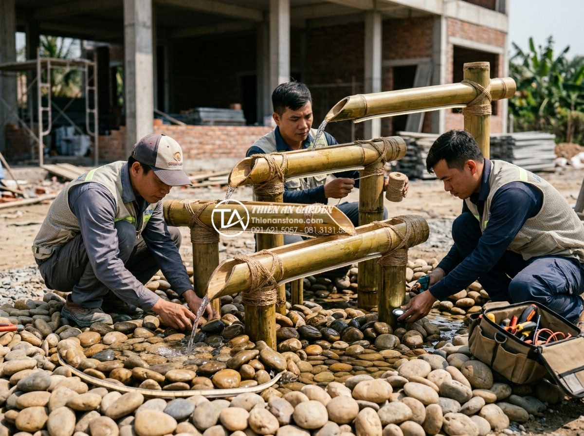Xu hướng sử dụng tiểu cảnh ống tre trong kiến trúc Cafe sân vườn 2026 - Professional team installing a large bamboo pipe garden water feature at a 2026 