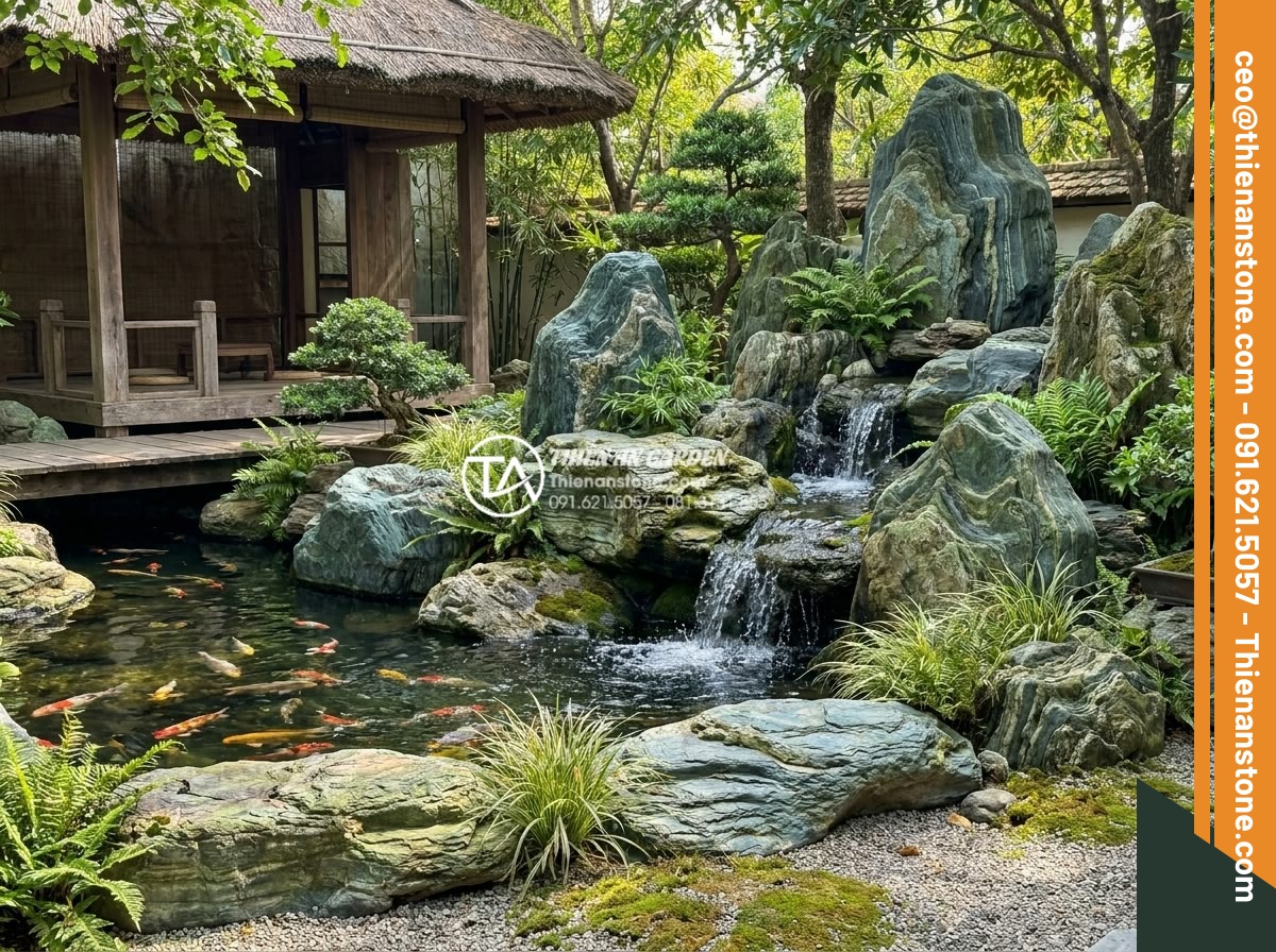 Ý nghĩa của đá trong tiểu cảnh thiền: Cách chọn và sắp đặt chuẩn phong thủy - Zen garden with stones seamlessly integrated alongside a koi pond, cascading wat