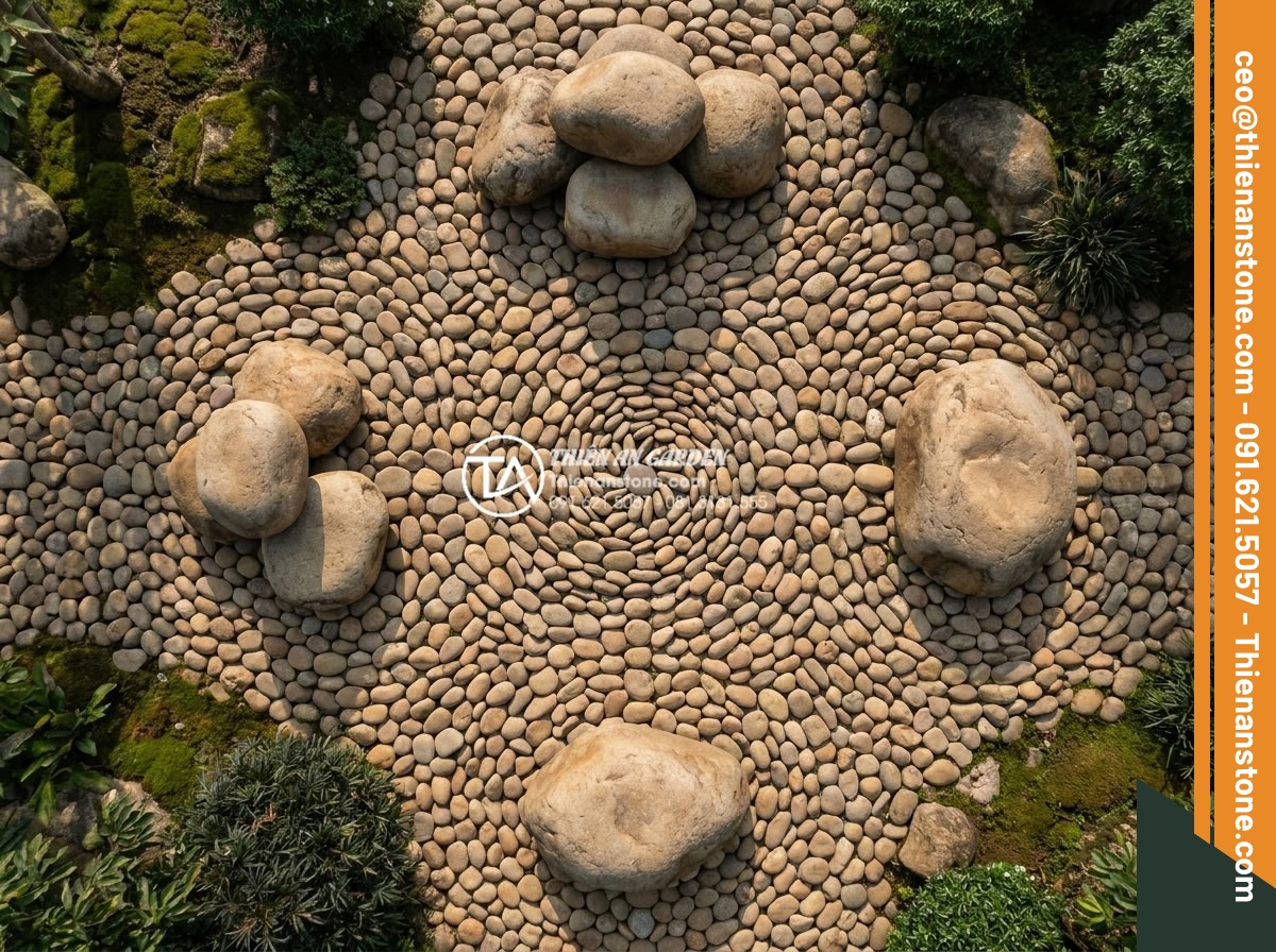 Ý nghĩa của đá trong tiểu cảnh thiền: Cách chọn và sắp đặt chuẩn phong thủy - Aerial view of a Feng Shui optimized rock arrangement in a meditation garden, st