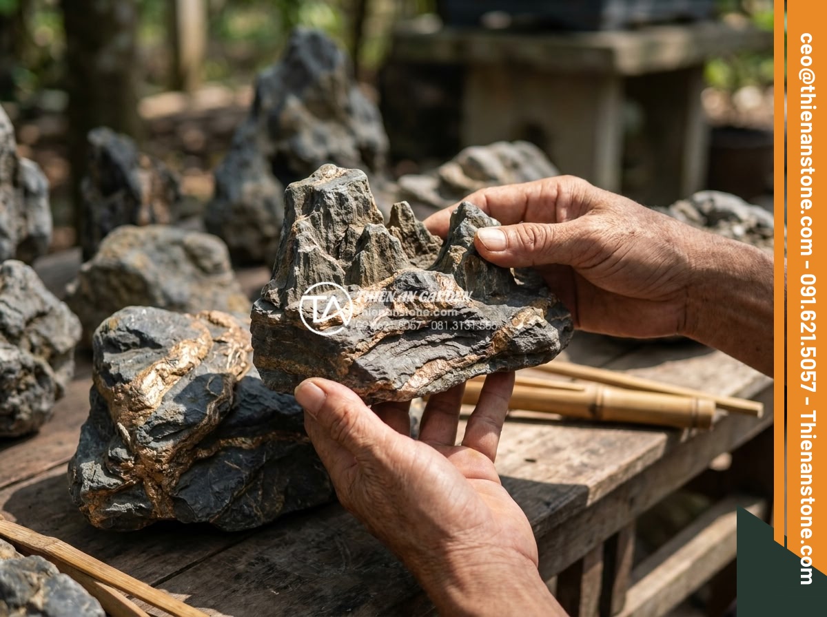 Ý nghĩa của đá trong tiểu cảnh thiền: Cách chọn và sắp đặt chuẩn phong thủy - Detailed selection process of natural stones for Zen garden, showing hands exami