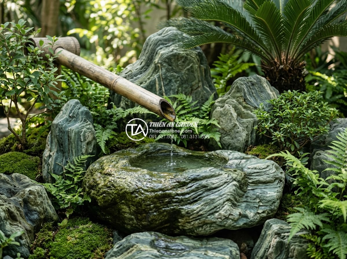 Ý nghĩa phong thủy của tiếng nước chảy từ ống tre trong sân vườn - Close-up view of bamboo pipe water feature with clear flowing water droplets spl