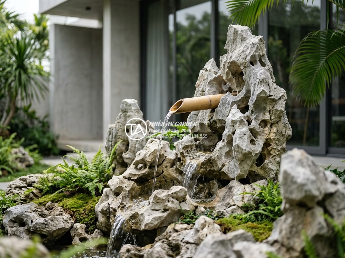 Ý nghĩa phong thủy của tiếng nước chảy từ ống tre trong sân vườn - Elegant designed bamboo water spout integrated with natural stone waterfall in m