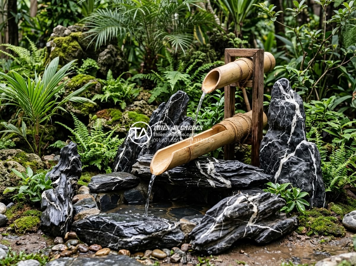 Ý nghĩa phong thủy của tiếng nước chảy từ ống tre trong sân vườn - Completed professional bamboo water spout installation surrounded by natural sto