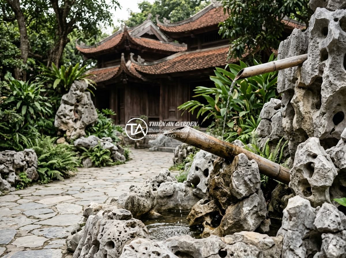 Ý nghĩa phong thủy của tiếng nước chảy từ ống tre trong sân vườn - Historical Japanese shishi-odoshi bamboo water feature in ancient temple garden 