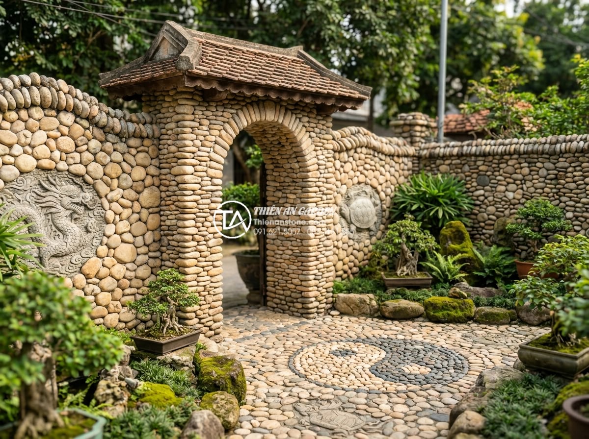 Ý tưởng thiết kế cổng làng thu nhỏ trong kiến trúc sân vườn biệt thự - Detailed feng shui diagram illustration of a small traditional gate integrated i