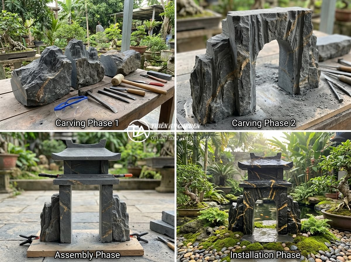 Ý tưởng thiết kế cổng làng thu nhỏ trong kiến trúc sân vườn biệt thự - Step-by-step professional construction process of a miniature stone village gate