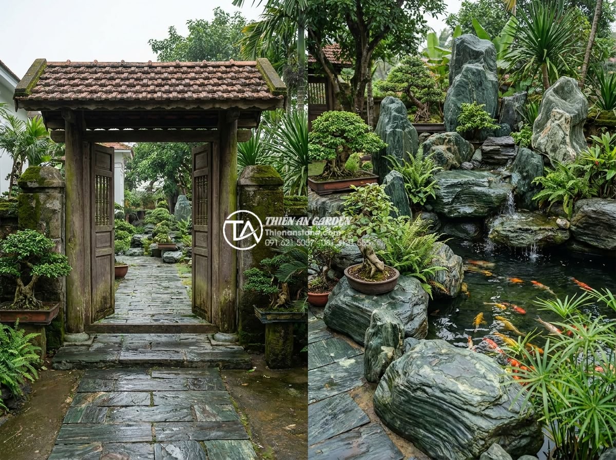 Ý tưởng thiết kế cổng làng thu nhỏ trong kiến trúc sân vườn biệt thự - Creative integration of small village gate with Koi pond, rockery, and stone pat