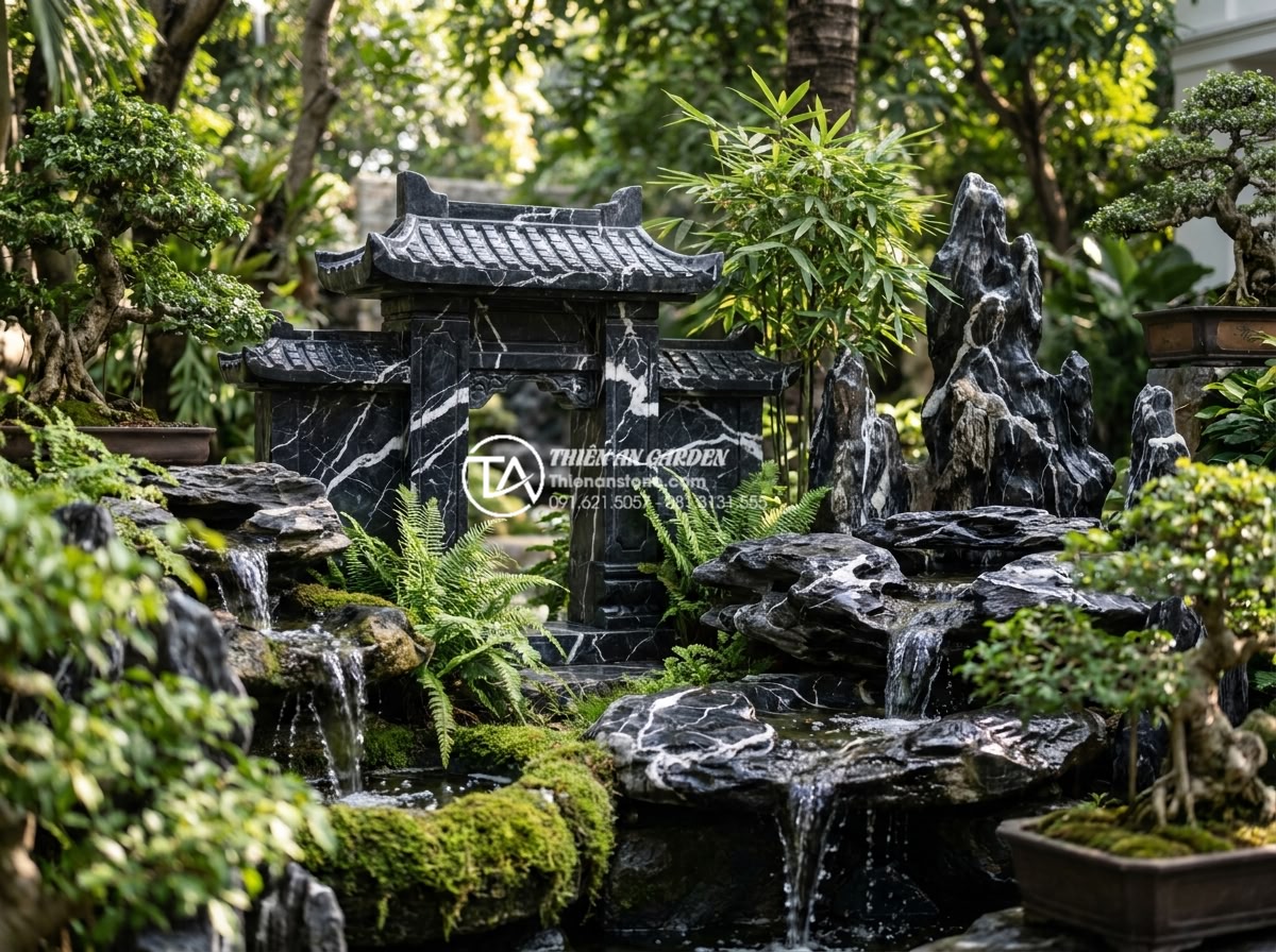 Ý tưởng thiết kế cổng làng thu nhỏ trong kiến trúc sân vườn biệt thự - Harmonious blend of miniature stone gate with additional garden features like wa