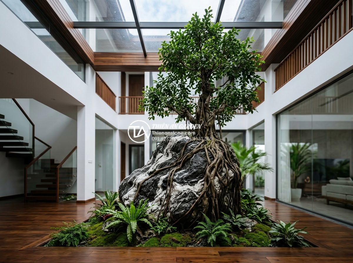 Ý tưởng thiết kế tiểu cảnh cây ôm đá cho giếng trời và gầm cầu thang - Photorealistic image of a modern Vietnamese luxury villa skylight atrium featuri