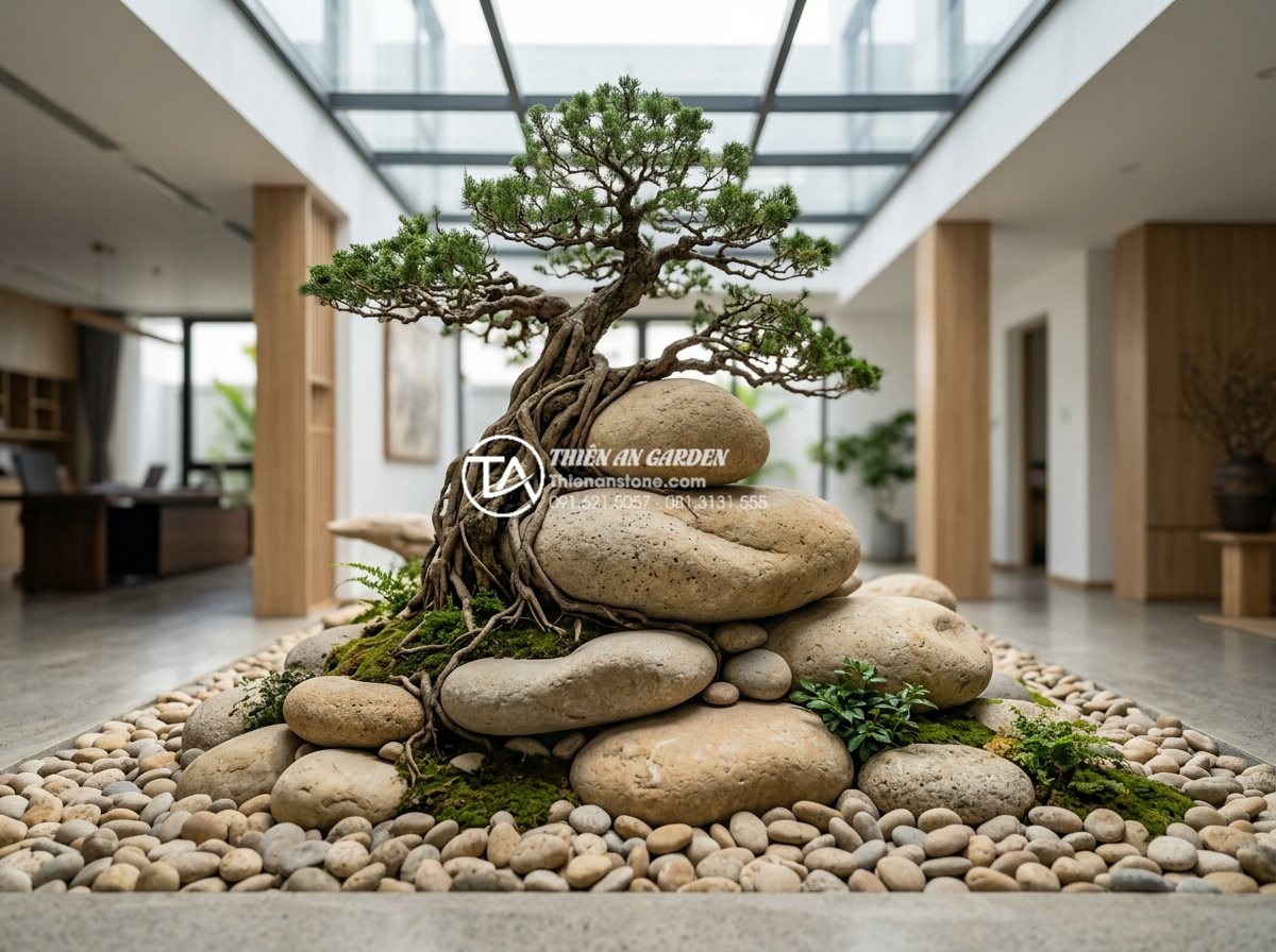 Ý tưởng thiết kế tiểu cảnh cây ôm đá cho giếng trời và gầm cầu thang - Professional corporate portrait of the Đá Cảnh Thiên An team standing proudly ne