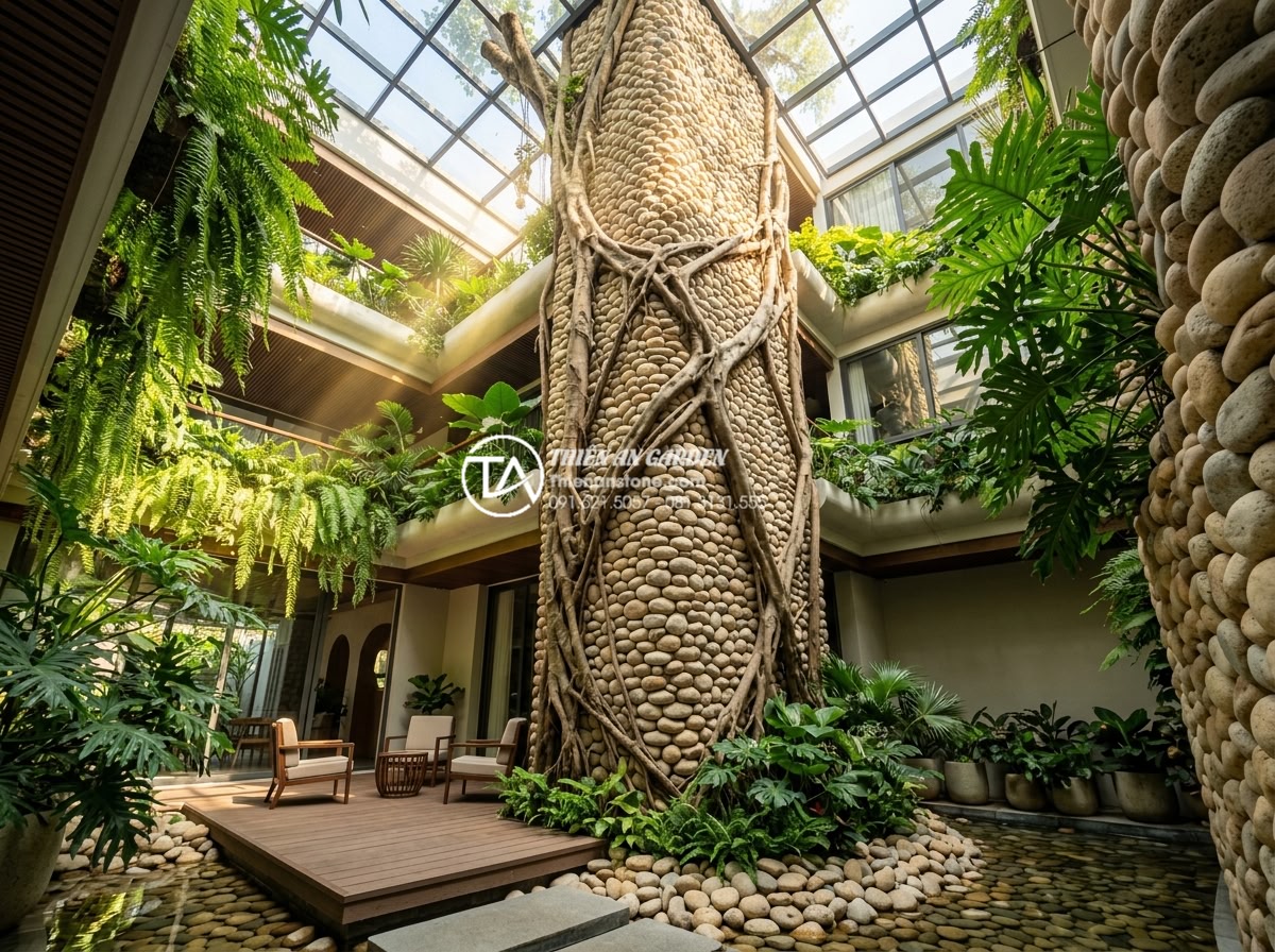 Ý tưởng thiết kế tiểu cảnh cây ôm đá cho giếng trời và gầm cầu thang - Stunning wide-angle photograph of a four-story Vietnamese townhouse skylight tra