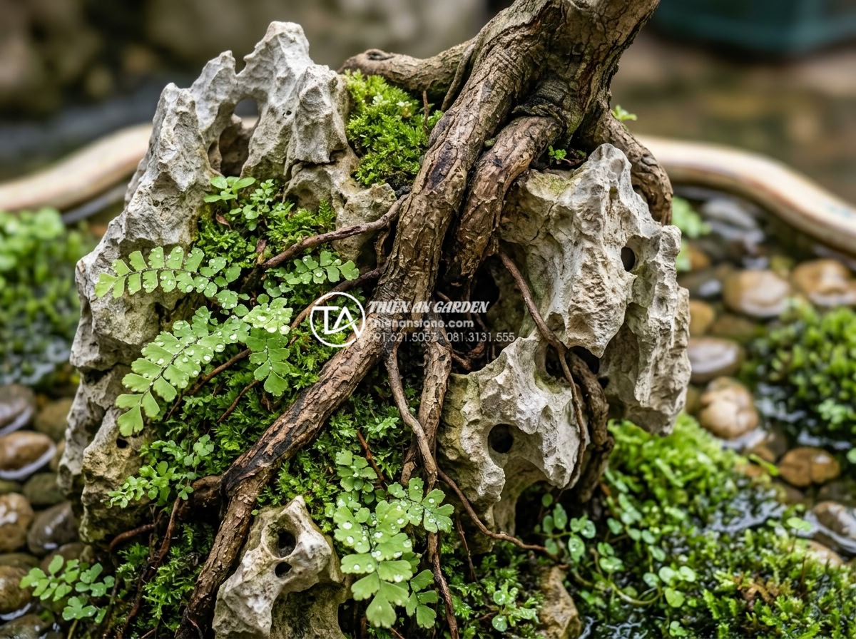 Ý tưởng thiết kế tiểu cảnh cây ôm đá cho giếng trời và gầm cầu thang - Detailed macro shot of tree roots naturally embracing and penetrating the crevic