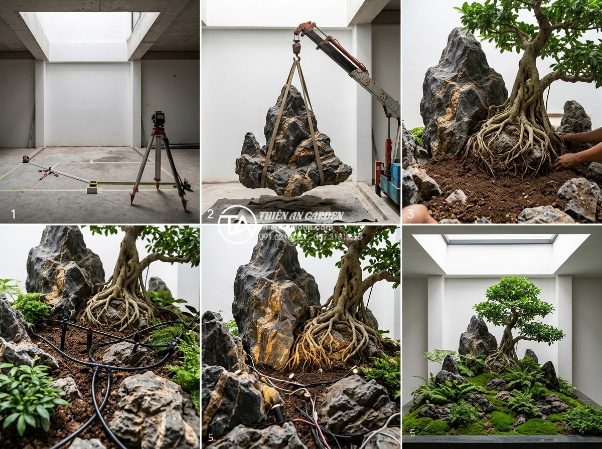 Ý tưởng thiết kế tiểu cảnh cây ôm đá cho giếng trời và gầm cầu thang - Professional construction process collage showing stages of installing a tree-em