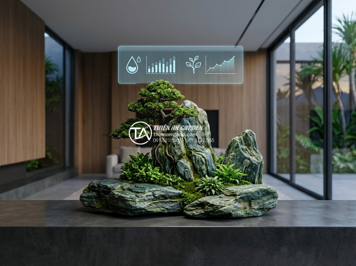 Ý tưởng thiết kế tiểu cảnh cây ôm đá cho giếng trời và gầm cầu thang - Futuristic 2026 design concept of an intelligent miniature tree-embracing-rock g