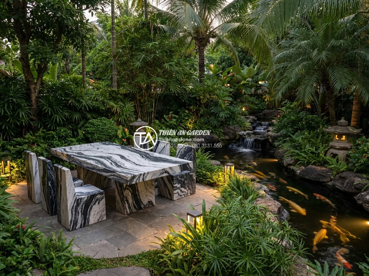 Ý tưởng thiết kế tiểu cảnh sân vườn kết hợp bàn ghế đá tự nhiên nguyên khối - Hình 1 Ý tưởng thiết kế tiểu cảnh sân vườn kết hợp bàn ghế đá tự nhiên nguyên khối - High-resolution photorealistic image of a contemporary Vietnamese villa garden i