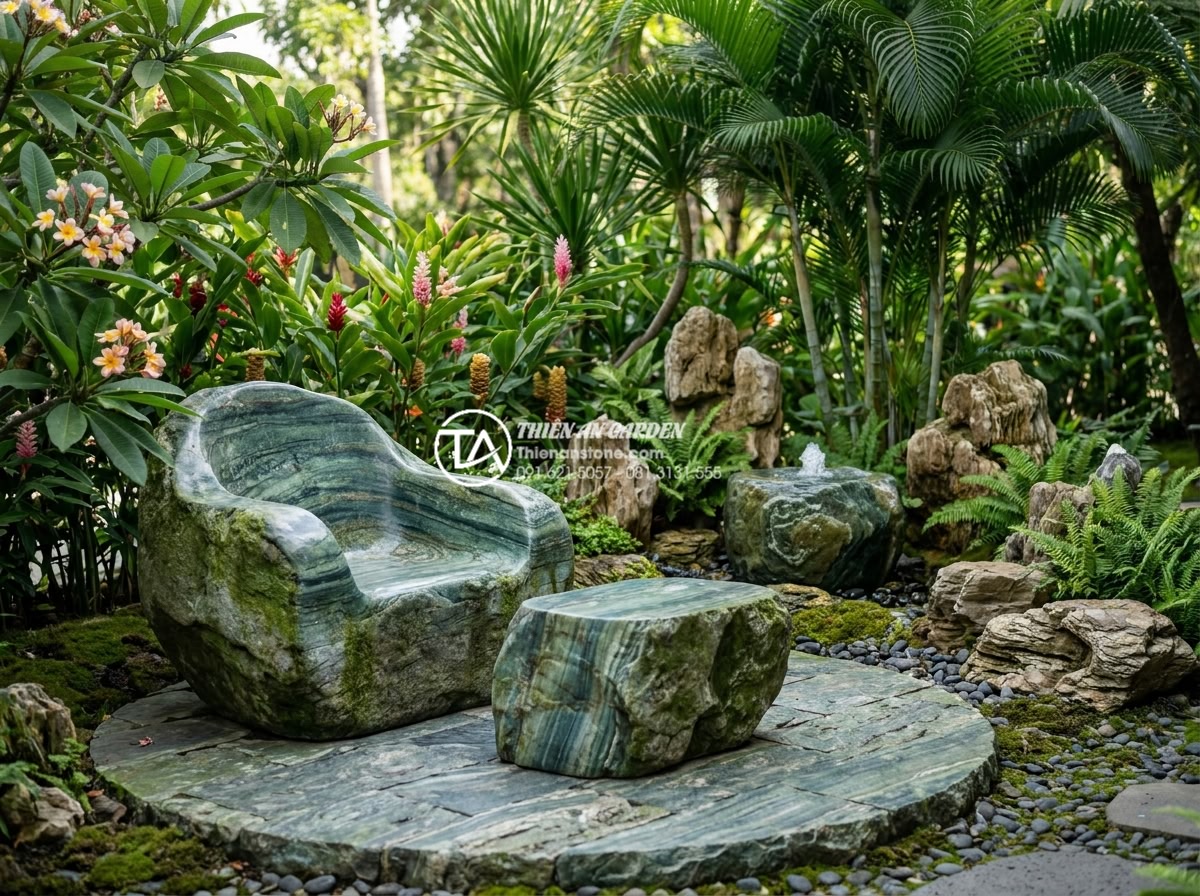 Ý tưởng thiết kế tiểu cảnh sân vườn kết hợp bàn ghế đá tự nhiên nguyên khối - Hình 2 Ý tưởng thiết kế tiểu cảnh sân vườn kết hợp bàn ghế đá tự nhiên nguyên khối - Modern minimalist garden design with large single-piece natural stone rectangula