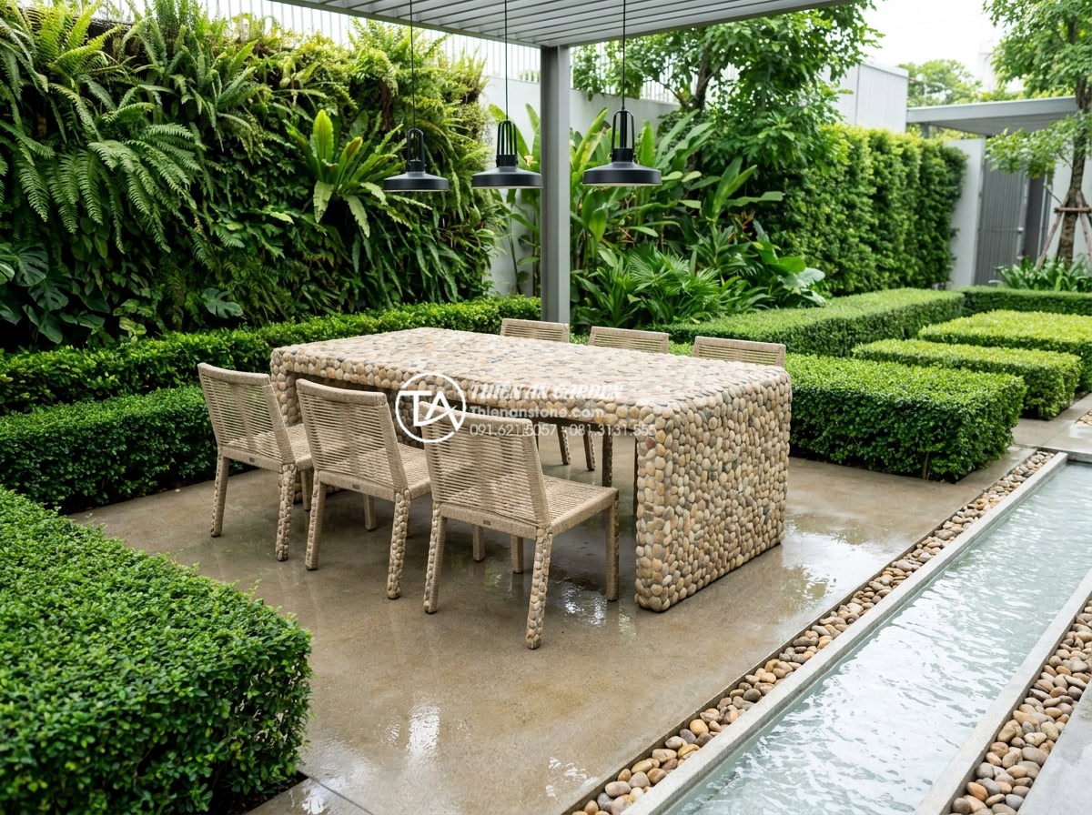 Ý tưởng thiết kế tiểu cảnh sân vườn kết hợp bàn ghế đá tự nhiên nguyên khối - Hình 4 Ý tưởng thiết kế tiểu cảnh sân vườn kết hợp bàn ghế đá tự nhiên nguyên khối - Futuristic yet natural garden vision for 2027: elegant natural stone table and c