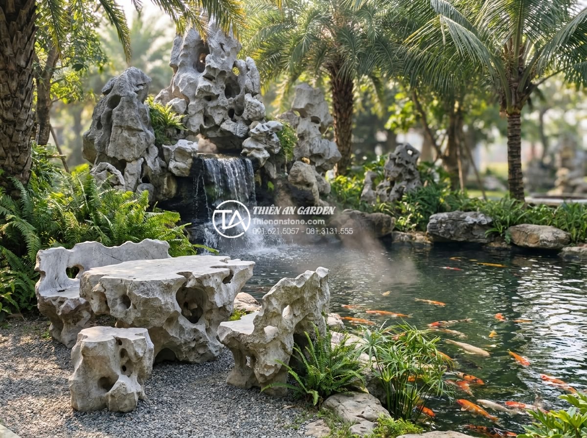 Ý tưởng thiết kế tiểu cảnh sân vườn kết hợp bàn ghế đá tự nhiên nguyên khối - Hình 6 Ý tưởng thiết kế tiểu cảnh sân vườn kết hợp bàn ghế đá tự nhiên nguyên khối - Serene Vietnamese garden scene with natural stone dining set positioned beside a