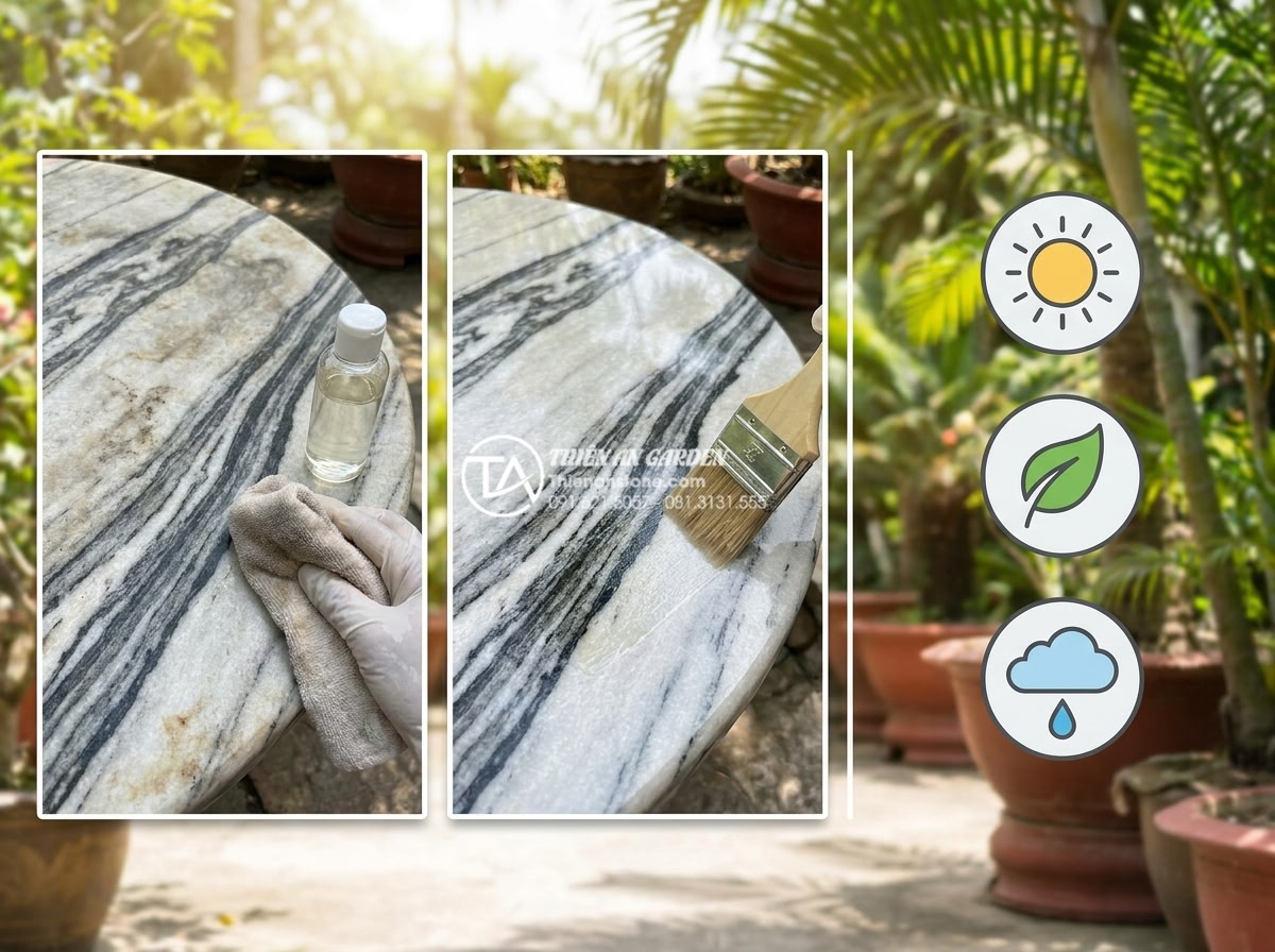 Ý tưởng thiết kế tiểu cảnh sân vườn kết hợp bàn ghế đá tự nhiên nguyên khối - Hình 8 Ý tưởng thiết kế tiểu cảnh sân vườn kết hợp bàn ghế đá tự nhiên nguyên khối - Instructional infographic-style image showing proper maintenance of natural ston