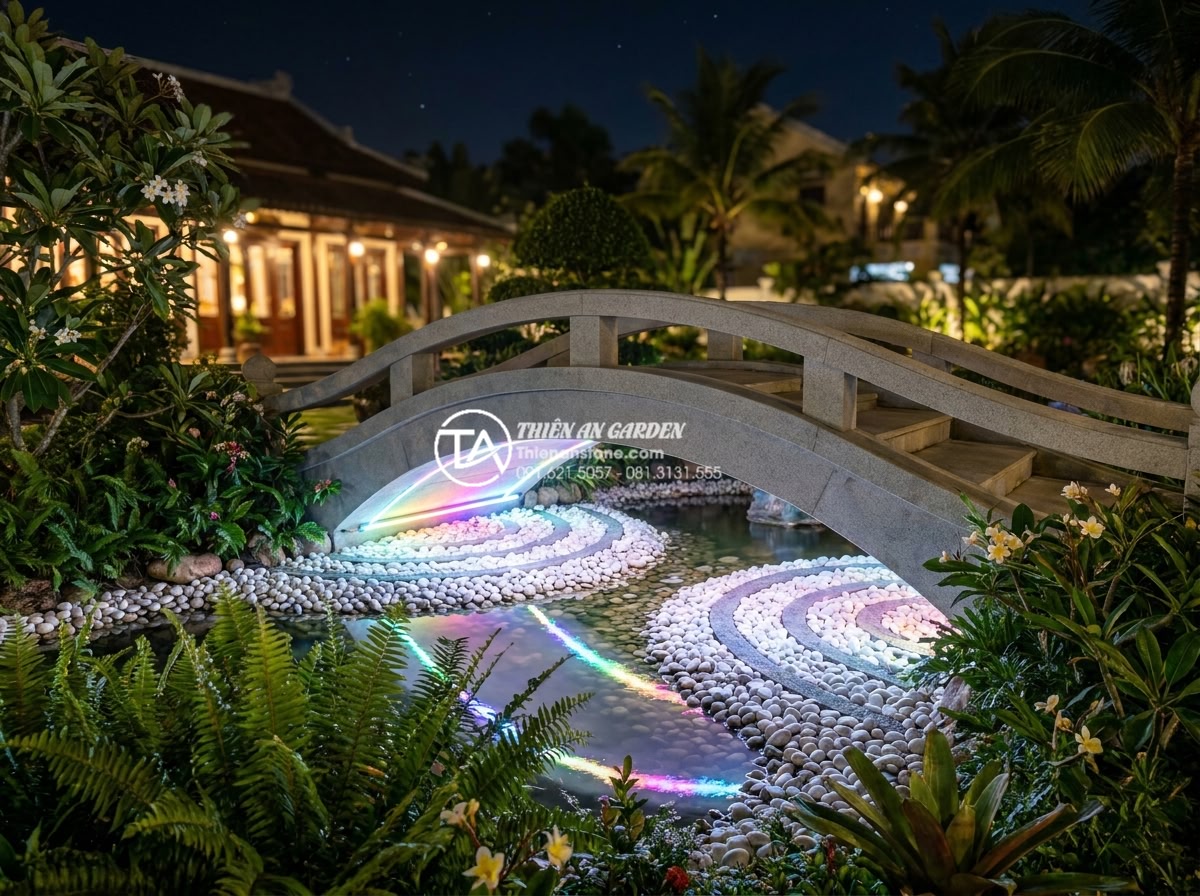 10 Ý tưởng trang trí gầm cầu sân vườn cực độc đáo bằng sỏi và đèn led - Hình 1 10 Ý tưởng trang trí gầm cầu sân vườn cực độc đáo bằng sỏi và đèn led - Photorealistic nighttime scene of an elegant stone garden bridge with under-deco
