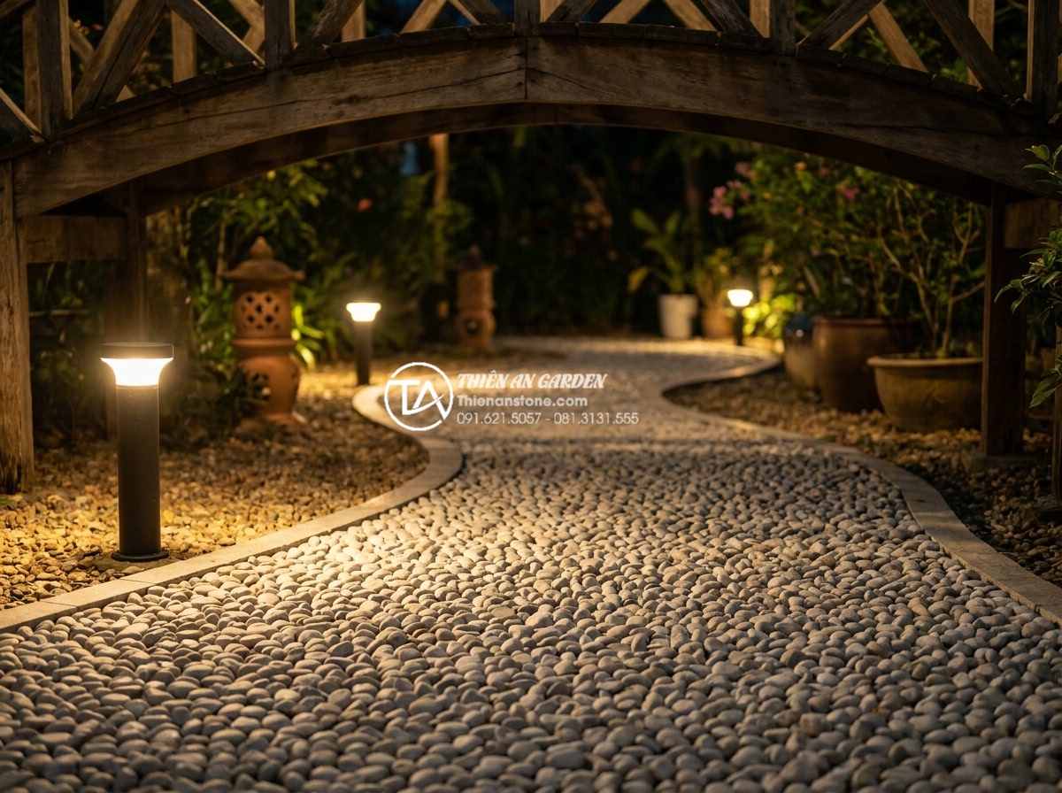 10 Ý tưởng trang trí gầm cầu sân vườn cực độc đáo bằng sỏi và đèn led - Hình 10 10 Ý tưởng trang trí gầm cầu sân vườn cực độc đáo bằng sỏi và đèn led - Safe and practical photorealistic night scene under garden bridge with anti-slip