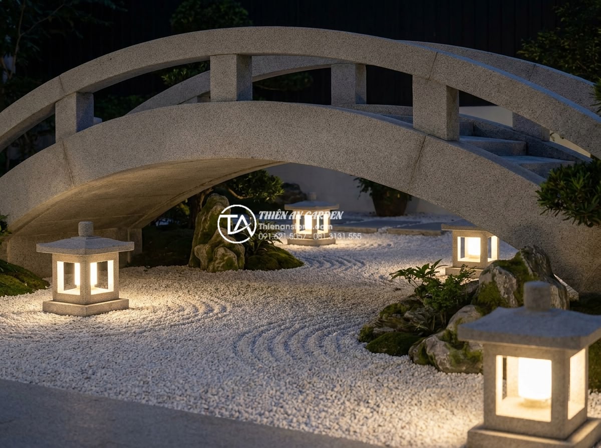 10 Ý tưởng trang trí gầm cầu sân vườn cực độc đáo bằng sỏi và đèn led - Hình 9 10 Ý tưởng trang trí gầm cầu sân vườn cực độc đáo bằng sỏi và đèn led - Elegant photorealistic image of a Japanese zen style garden under stone bridge w