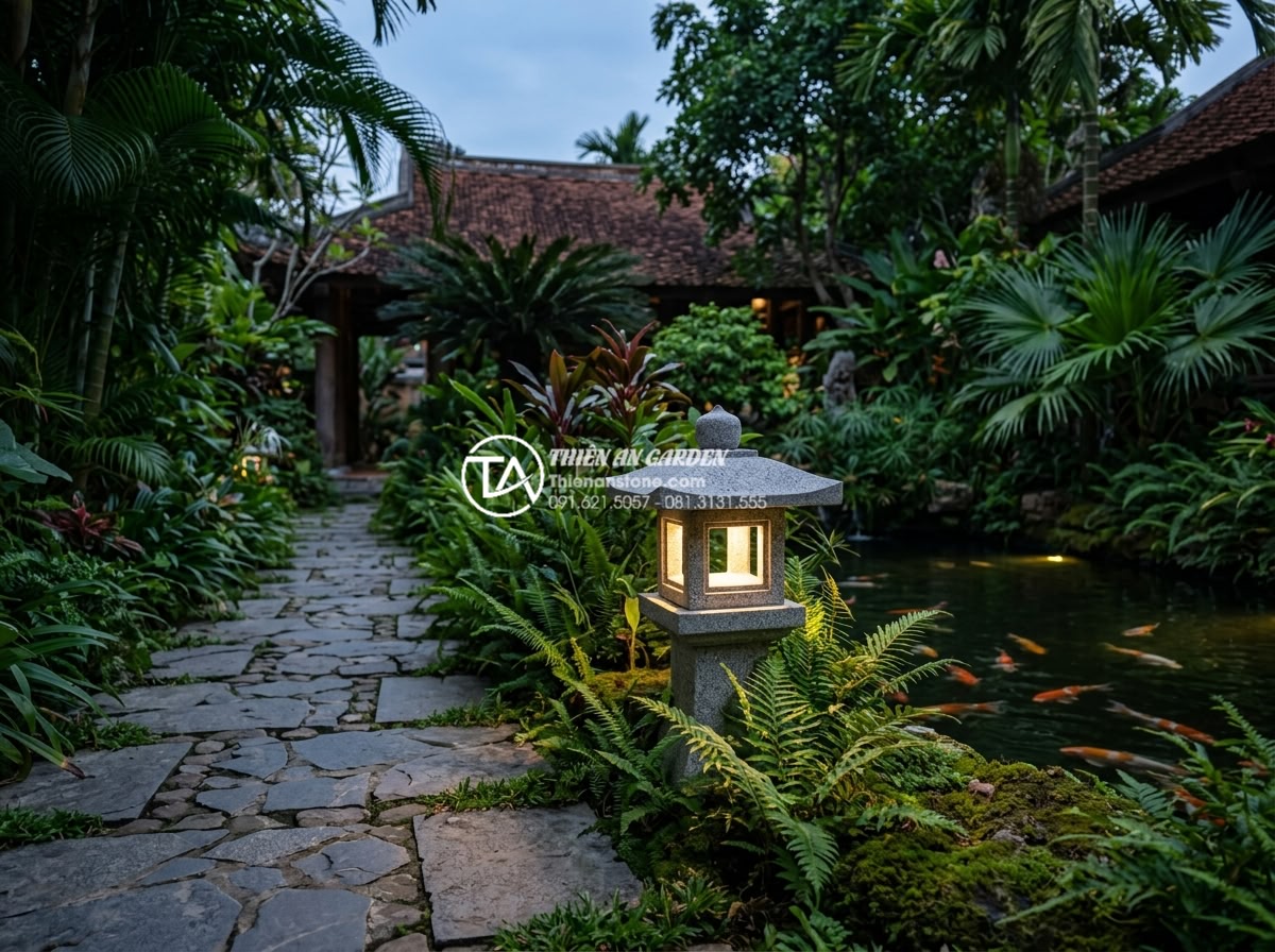 3 Sai lầm phổ biến khi lắp đặt đèn đá sân vườn khiến công trình nhanh hỏng - High-resolution professional photograph of a luxurious natural stone garden lamp