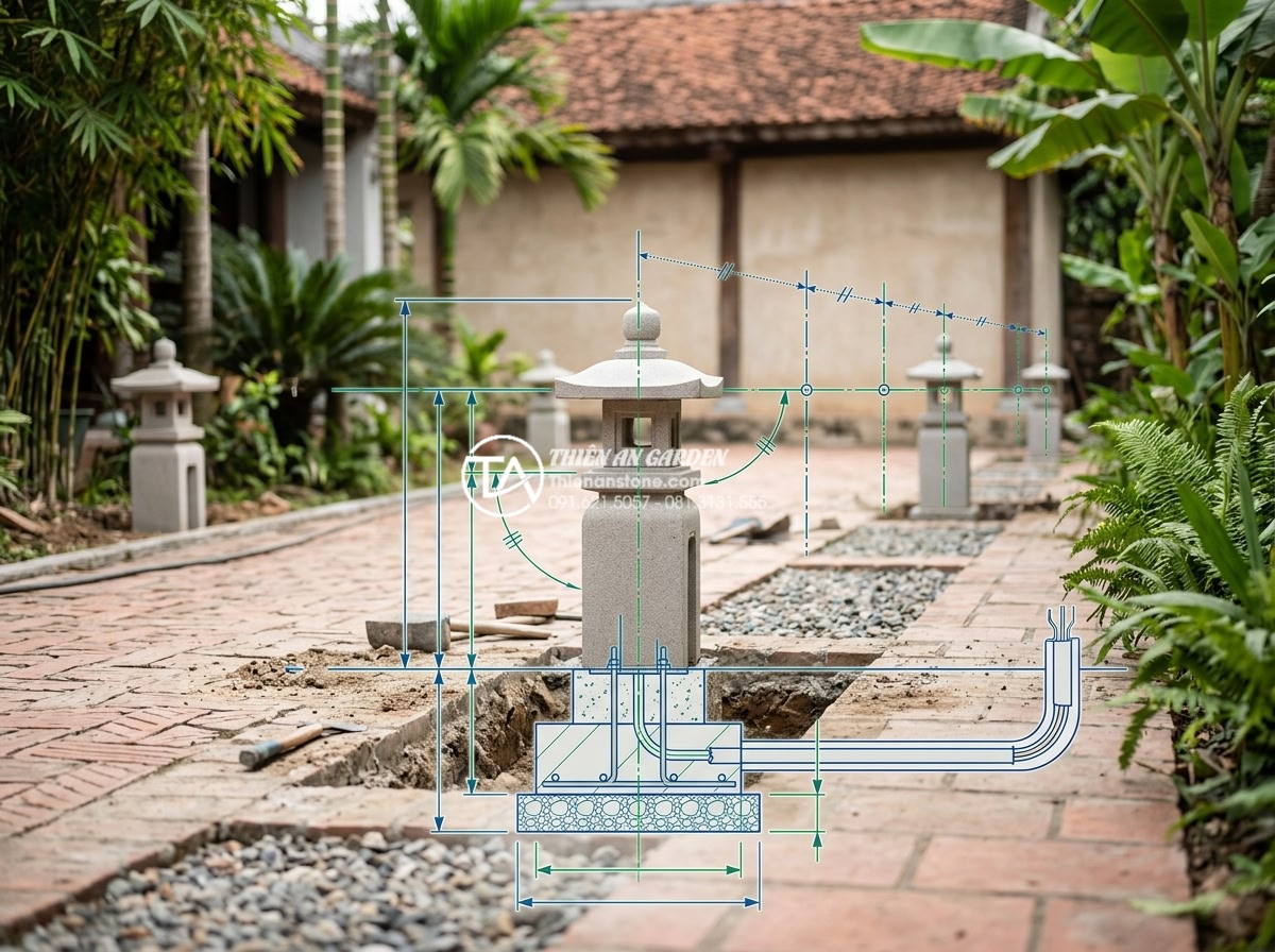 3 Sai lầm phổ biến khi lắp đặt đèn đá sân vườn khiến công trình nhanh hỏng - Technical architectural rendering combined with real photo of proper foundation 
