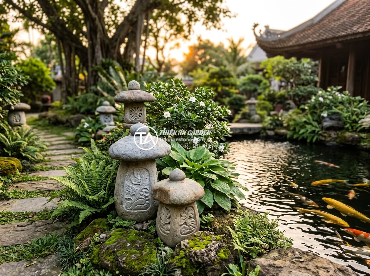 3 Sai lầm phổ biến khi lắp đặt đèn đá sân vườn khiến công trình nhanh hỏng - Long-term durability showcase: natural stone garden lamps in a 10-year-old villa