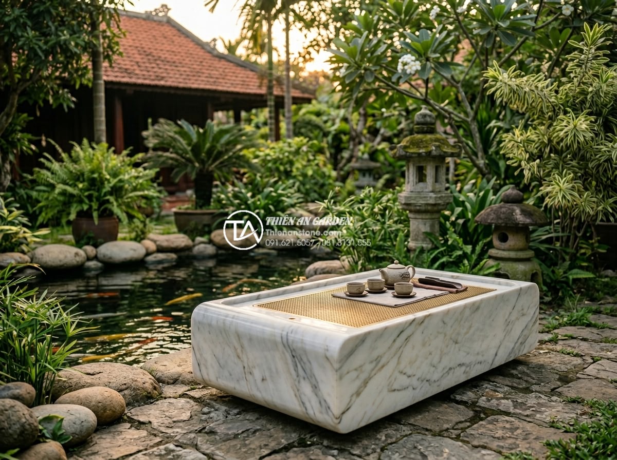 5 sai lầm nghiêm trọng khi mua bàn trà bằng đá tự nhiên bạn cần tránh - Professional wide-angle photograph of a luxurious natural marble tea table place