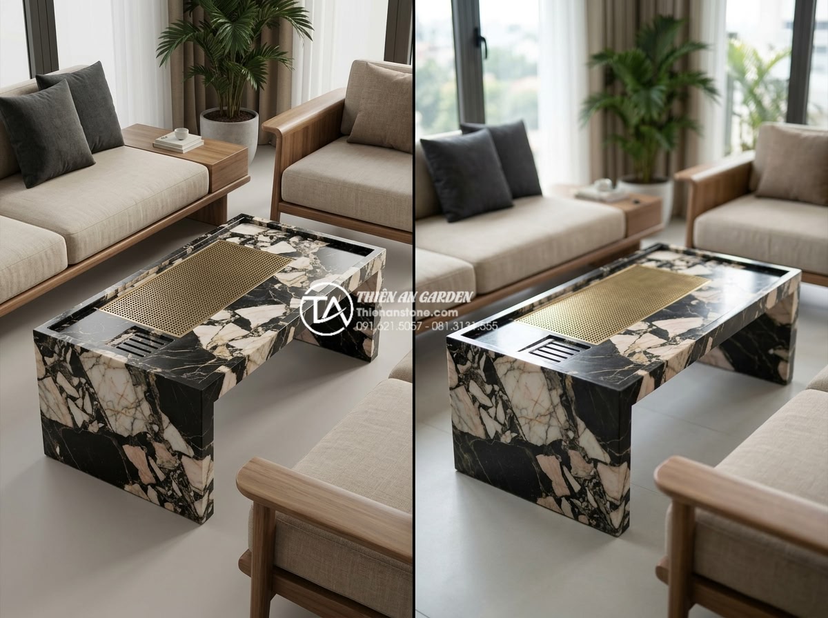 5 sai lầm nghiêm trọng khi mua bàn trà bằng đá tự nhiên bạn cần tránh - 3D rendering and real photo comparison of a natural stone tea table perfectly si