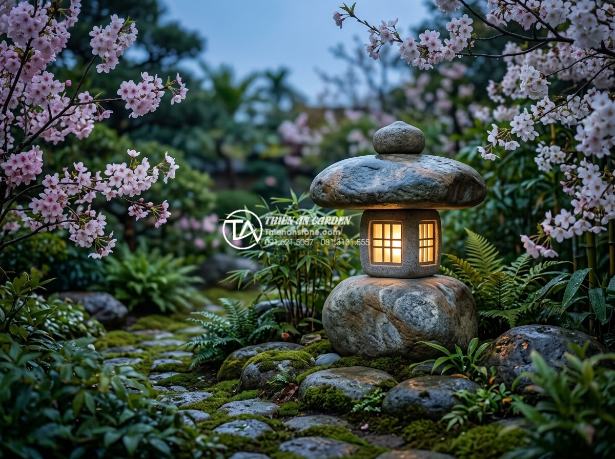 5 Vị trí đặt đèn đá Nhật Bản chuẩn phong thủy mang lại tài lộc - Traditional Japanese stone lantern carved from premium natural granite, elegantl