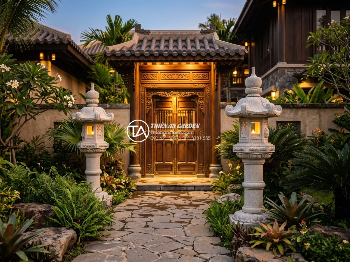 5 Vị trí đặt đèn đá Nhật Bản chuẩn phong thủy mang lại tài lộc - Symmetrical placement of two majestic Japanese stone lanterns flanking a grand w
