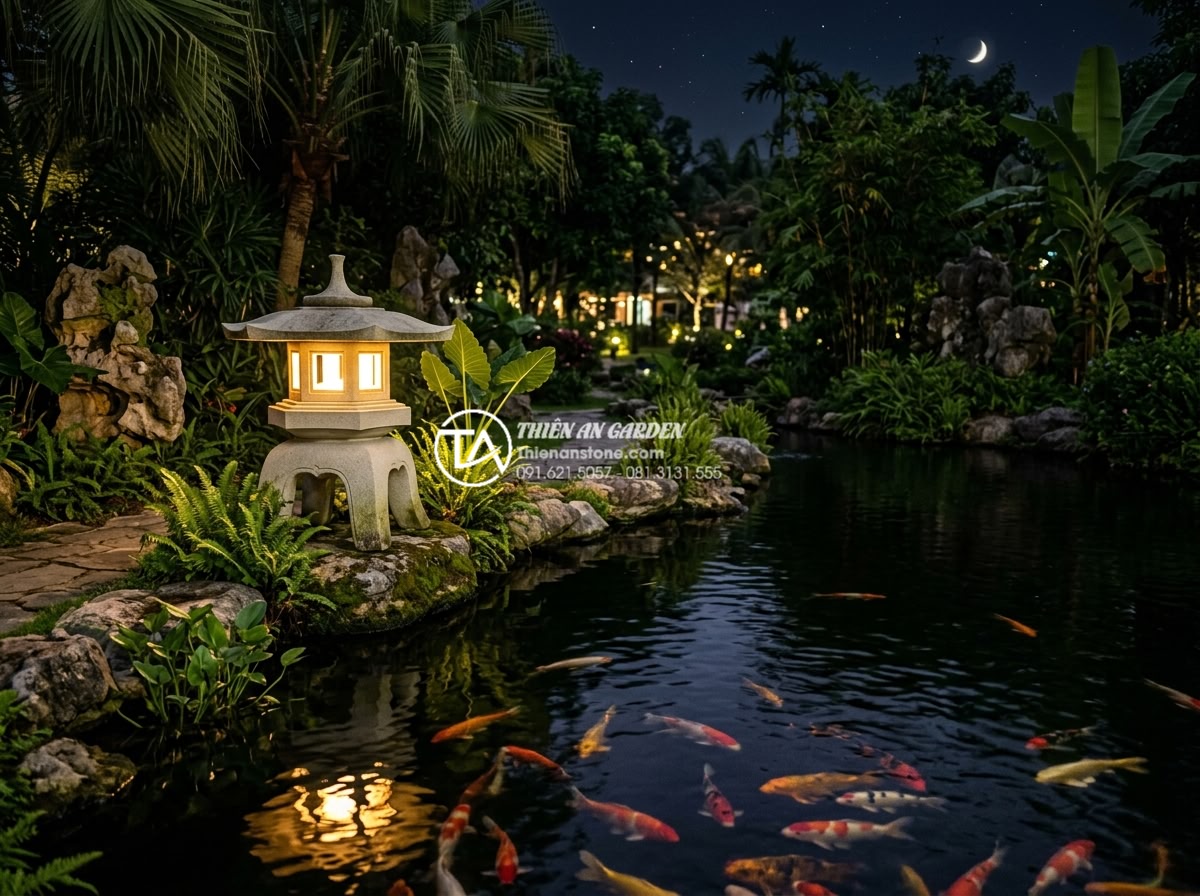 5 Vị trí đặt đèn đá Nhật Bản chuẩn phong thủy mang lại tài lộc - Beautiful Japanese stone lantern positioned gracefully beside a large natural Ko