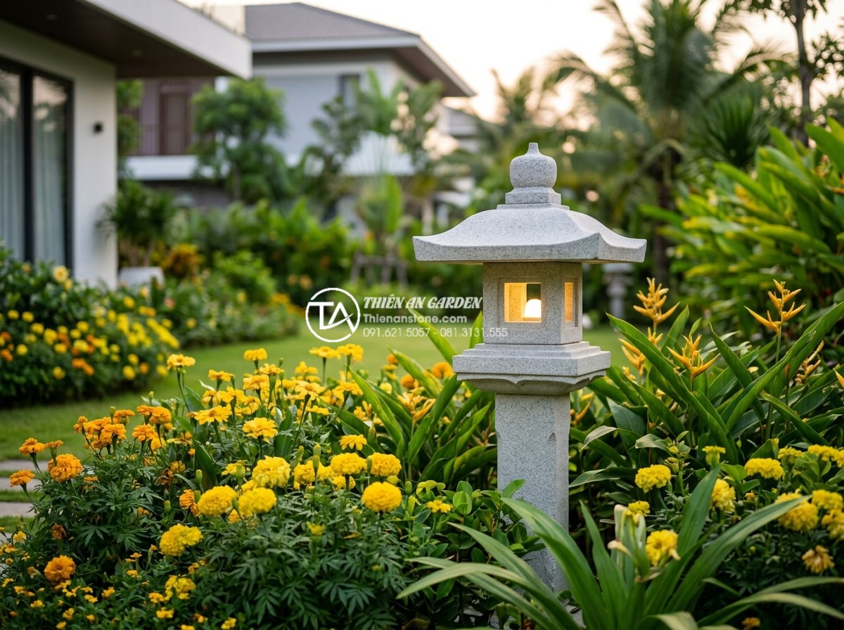 5 Vị trí đặt đèn đá Nhật Bản chuẩn phong thủy mang lại tài lộc - Japanese stone lantern strategically placed in the southeast wealth corner of a 