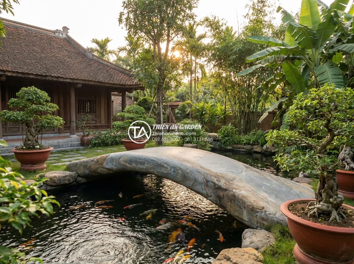 7 Lỗi phong thủy nghiêm trọng khi đặt cầu đá sân vườn gia chủ cần tránh - Hình 1 7 Lỗi phong thủy nghiêm trọng khi đặt cầu đá sân vườn gia chủ cần tránh - Professional landscape photography of a luxurious Vietnamese villa garden featur