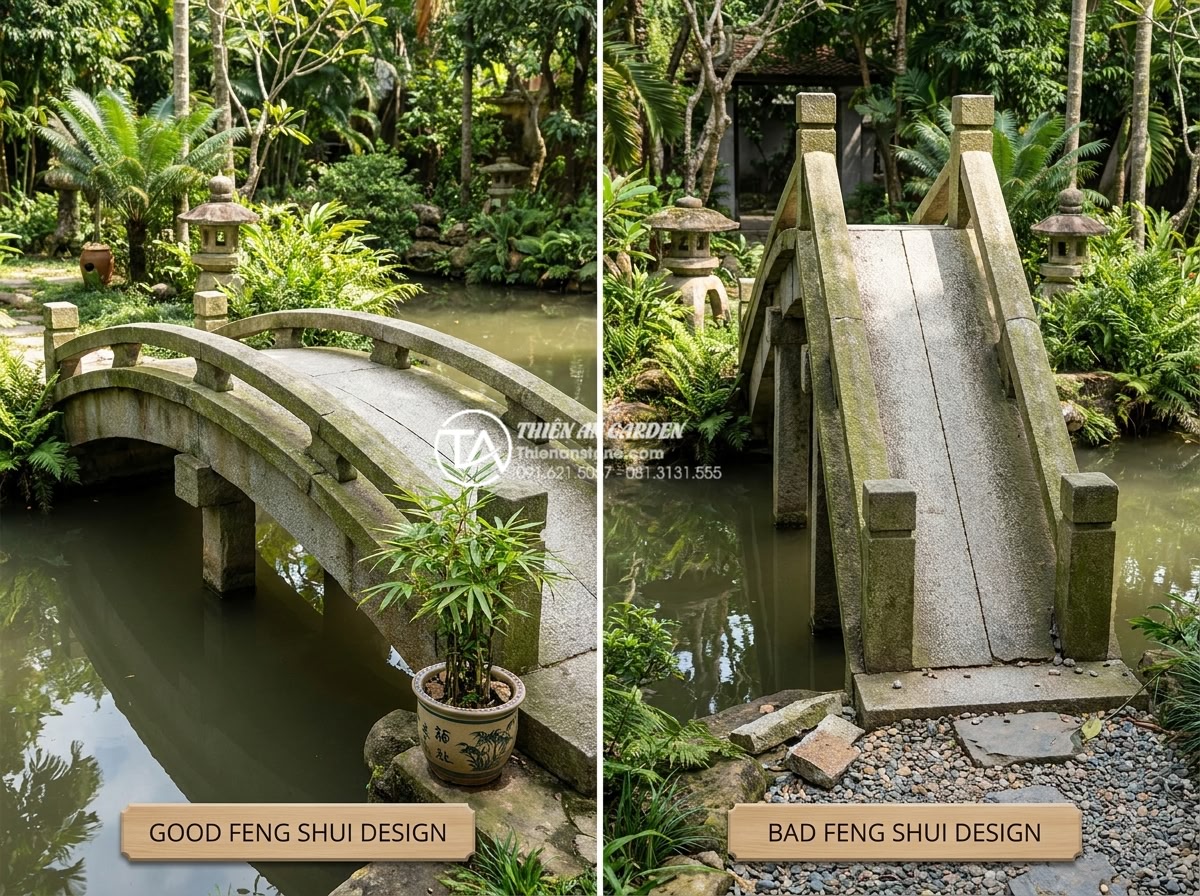 7 Lỗi phong thủy nghiêm trọng khi đặt cầu đá sân vườn gia chủ cần tránh - Hình 3 7 Lỗi phong thủy nghiêm trọng khi đặt cầu đá sân vườn gia chủ cần tránh - Side-by-side comparison realistic photo of two garden stone bridges: one with co