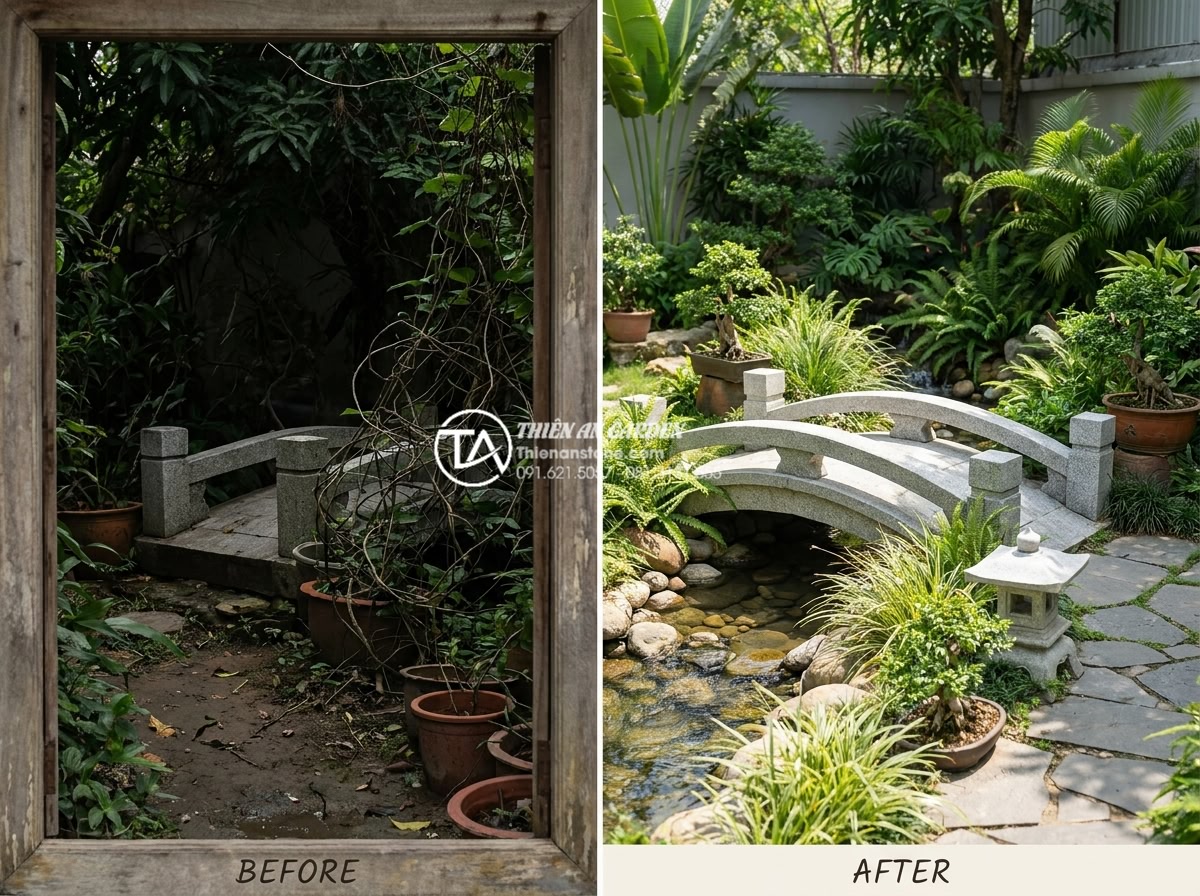 7 Lỗi phong thủy nghiêm trọng khi đặt cầu đá sân vườn gia chủ cần tránh - Hình 6 7 Lỗi phong thủy nghiêm trọng khi đặt cầu đá sân vườn gia chủ cần tránh - Realistic before-and-after image of a garden corner transformation: dark gloomy