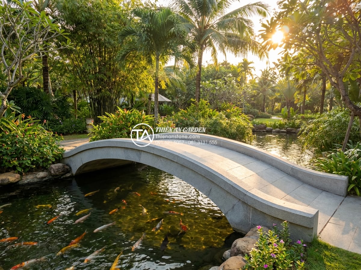 7 Lỗi phong thủy nghiêm trọng khi đặt cầu đá sân vườn gia chủ cần tránh - Hình 9 7 Lỗi phong thủy nghiêm trọng khi đặt cầu đá sân vườn gia chủ cần tránh - Stunning wide-angle view of a perfectly designed natural stone garden bridge in