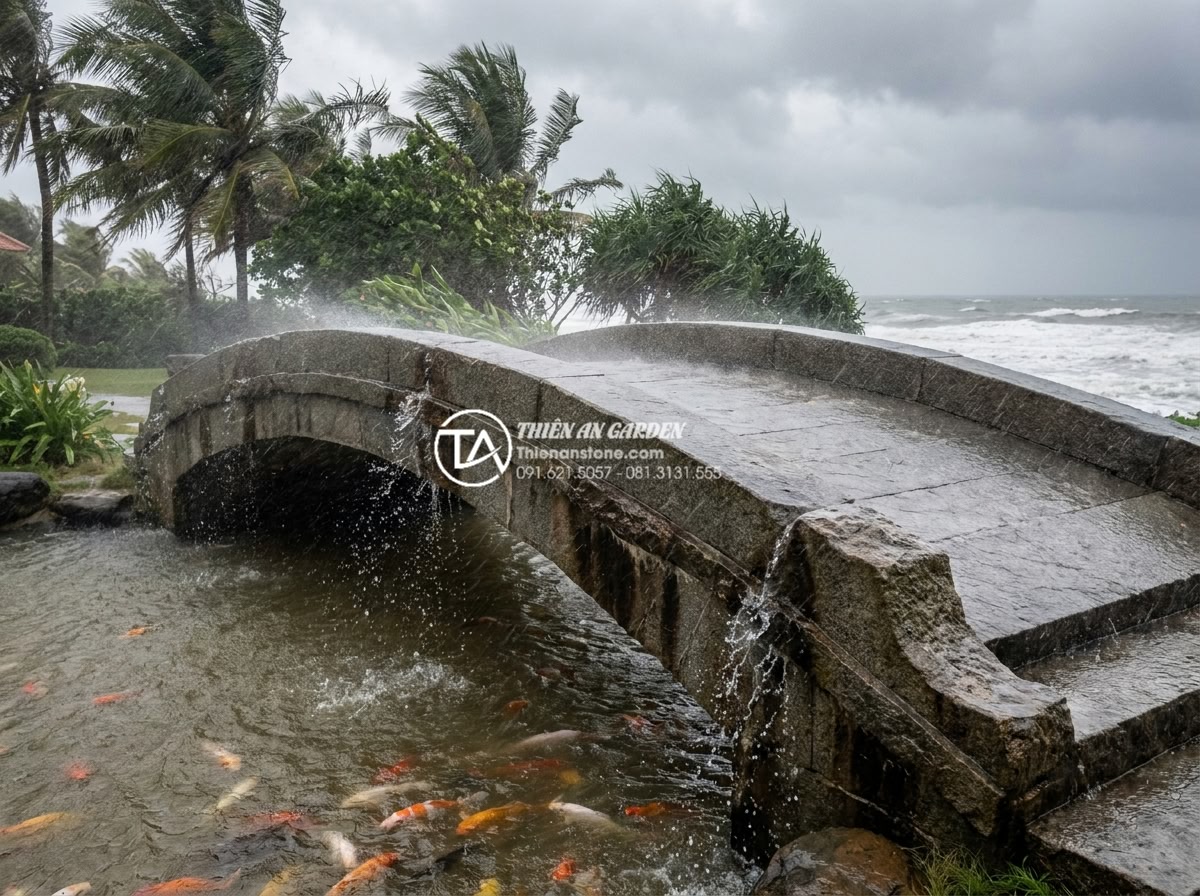 Ảnh hưởng của thời tiết đến độ bền cầu đá và cách bảo quản định kỳ - Powerful tropical storm hitting a natural stone bridge over a Koi pond in coasta