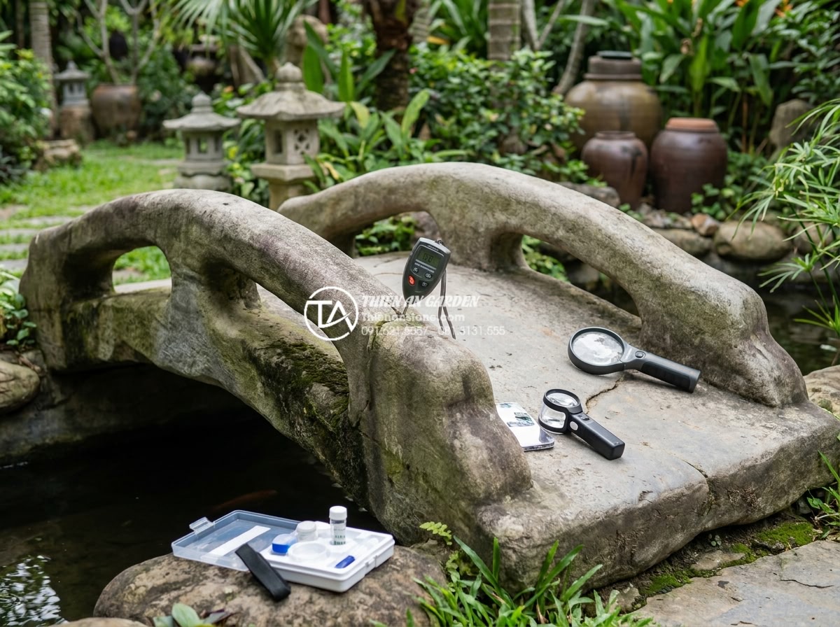 Ảnh hưởng của thời tiết đến độ bền cầu đá và cách bảo quản định kỳ - Professional inspection of a natural stone garden bridge by technicians from Thi