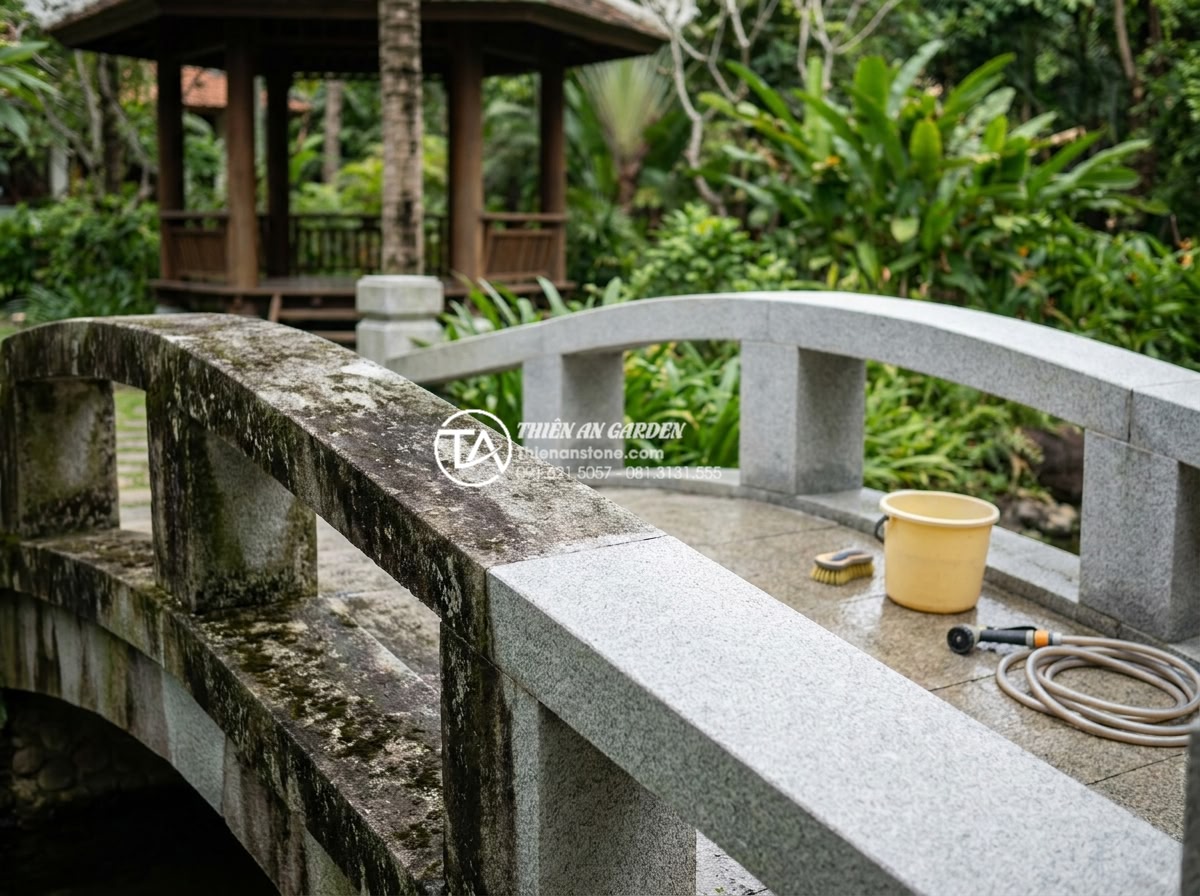 Ảnh hưởng của thời tiết đến độ bền cầu đá và cách bảo quản định kỳ - Regular maintenance team from Thien An Stone carefully cleaning and resealing a 