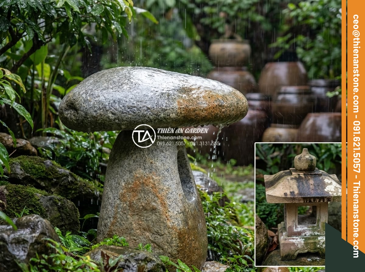 Ảnh hưởng của thời tiết đến độ bền màu của đèn đá tự nhiên - Hình 4 Ảnh hưởng của thời tiết đến độ bền màu của đèn đá tự nhiên - High-detail photograph of natural stone garden lamps during heavy tropical monso