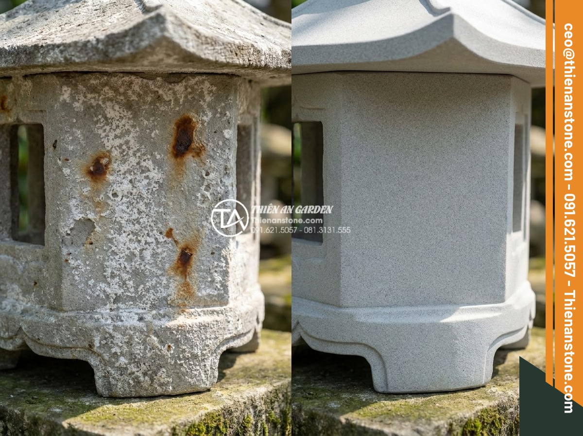 Ảnh hưởng của thời tiết đến độ bền màu của đèn đá tự nhiên - Hình 7 Ảnh hưởng của thời tiết đến độ bền màu của đèn đá tự nhiên - Scientific comparison macro image of natural stone lamp surfaces after 5 years e