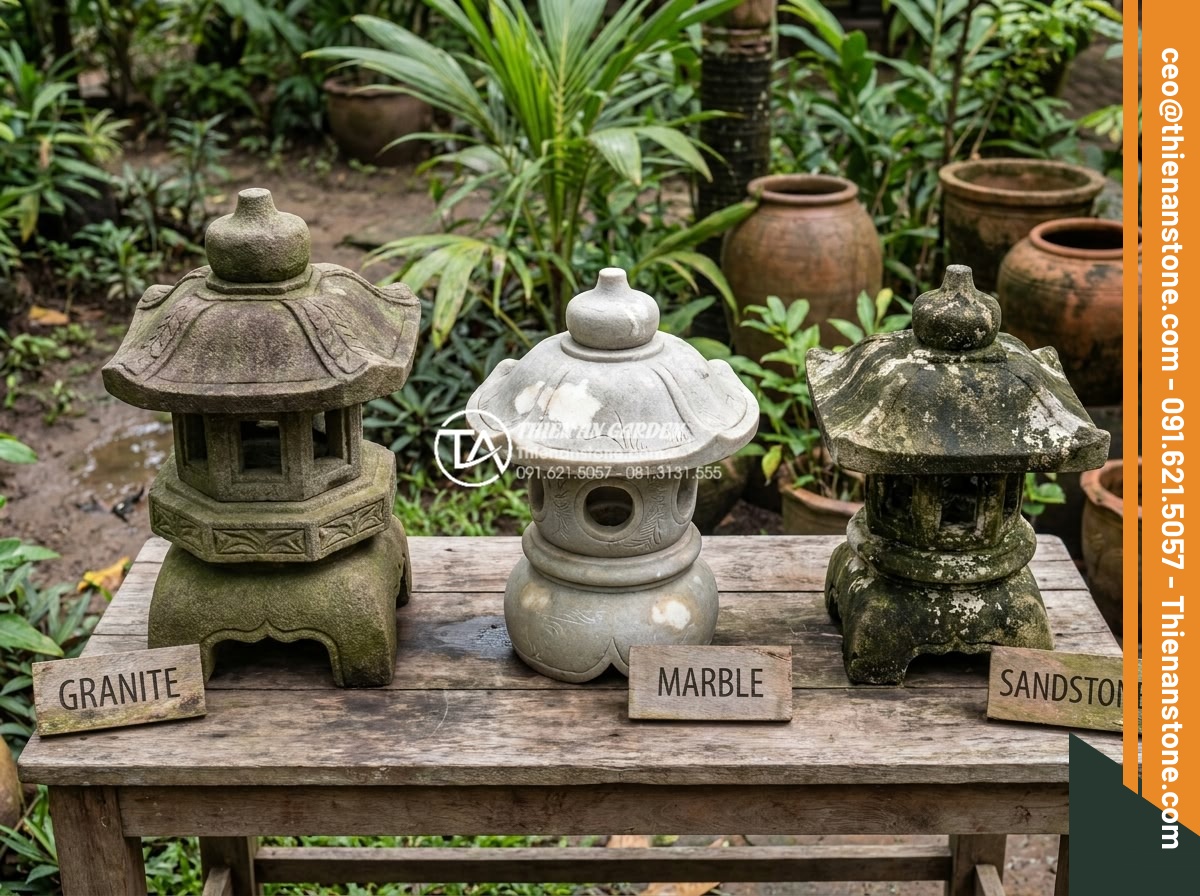 Ảnh hưởng của thời tiết đến độ bền màu của đèn đá tự nhiên - Hình 8 Ảnh hưởng của thời tiết đến độ bền màu của đèn đá tự nhiên - Professional comparison collage of different natural stone garden lamps after 5