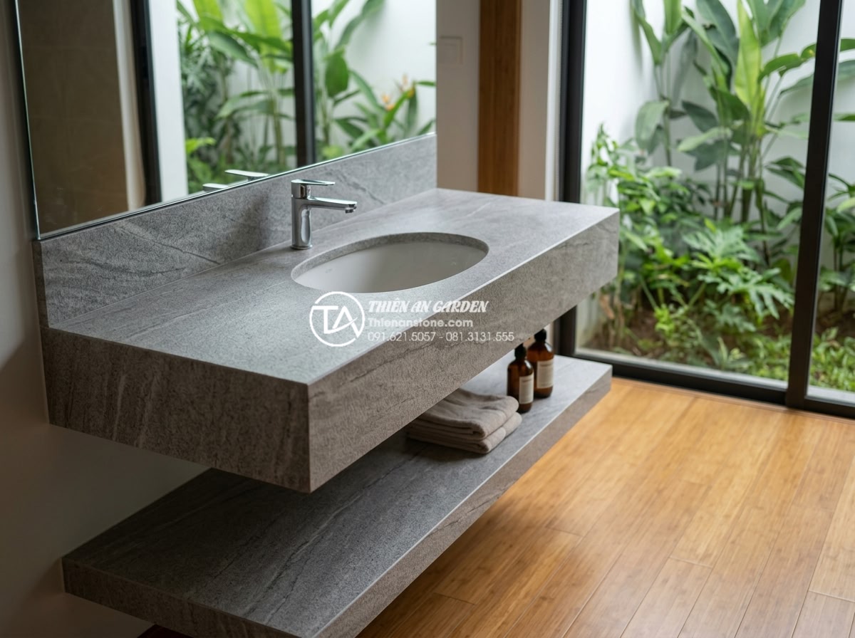 Bàn Đá Lavabo 2 Tầng: Giải Pháp Tối Ưu Diện Tích Và Thẩm Mỹ Cho Phòng Tắm - Professional high-resolution photograph of a luxurious two-tier natural stone ba